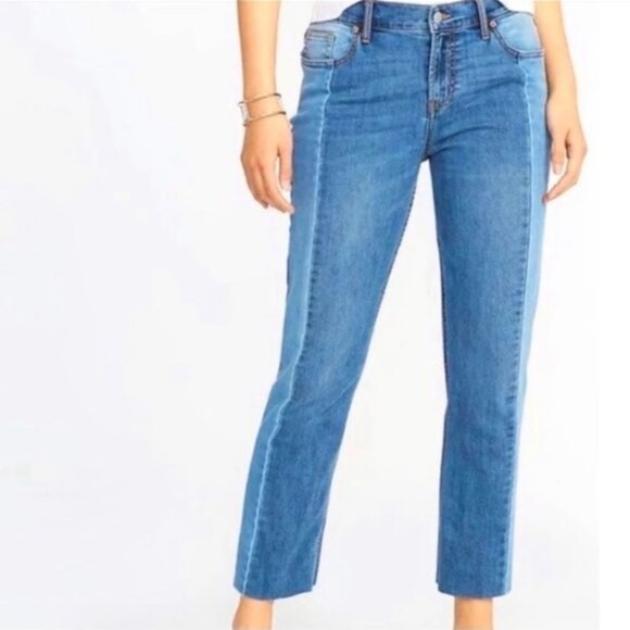 Old Navy Rare Perfect Straight Mid Rise Raw Hem Two-tone Mix Wash Blue Jeans 10. - Picture 1 of 5